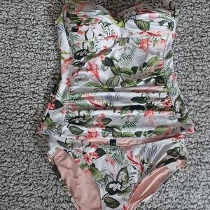 Pink and Green Floral Bikini with Ruched Detail